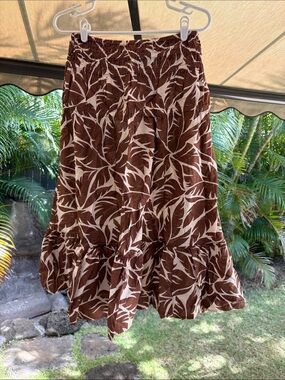 Roxy Brown and Cream Leaf-Print Tiered Midi Skirt